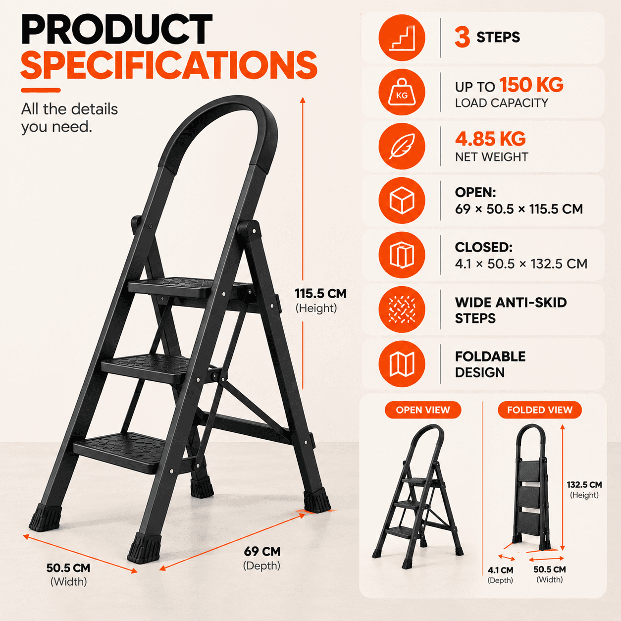 Apex Foldable Steel Ladder | 150kg Heavy-Duty Step Ladder thumbnail 5