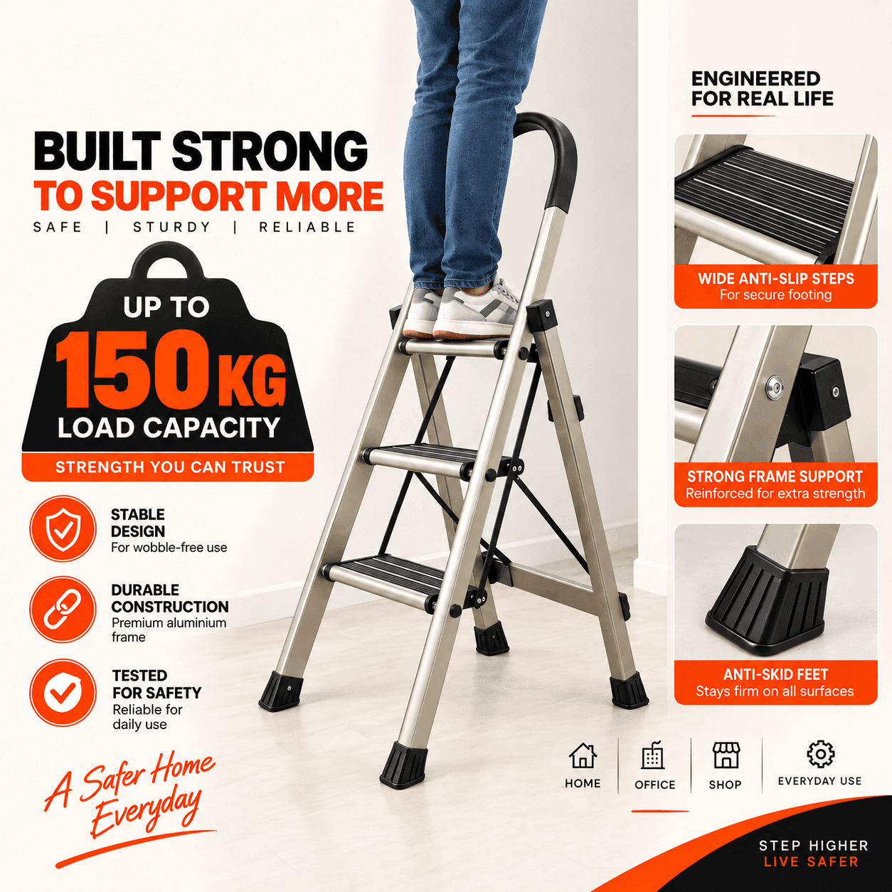 Legend 3 Step Premium Aluminium Folding Ladder – 150 KG Heavy Duty Step Ladder thumbnail 4